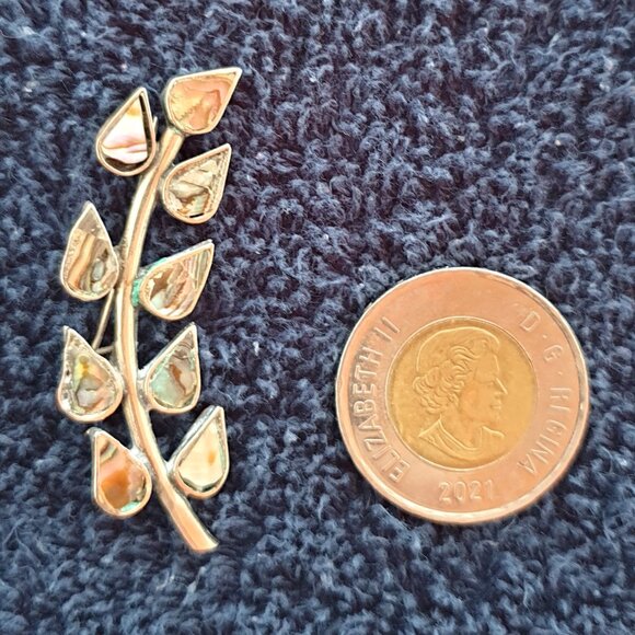 Vintage Mexico Hand Crafted Alpaca Silver Abalone Inlay Leaf Brooch - Picture 8 of 10